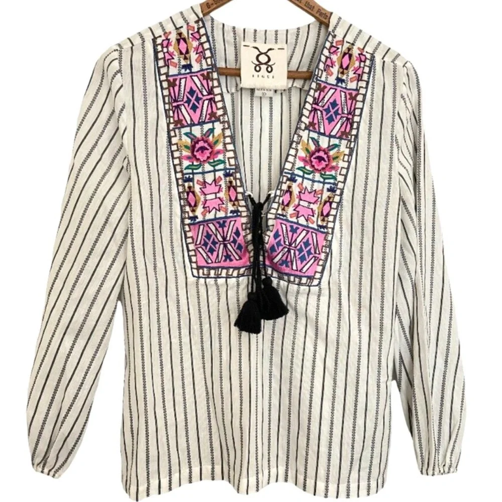Figue Tie Front Embroidered Striped Cotton Boho Blouse Tassel Cutout Top Medium - Picture 1 of 3
